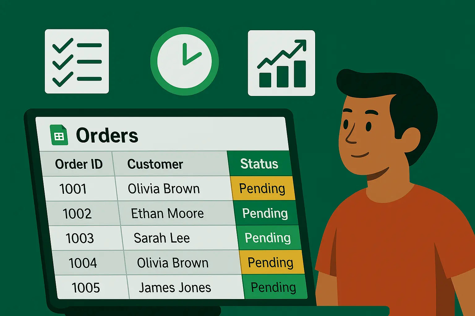 Homepage banner showing a Google Sheets expert automating business workflows with dashboards, charts, and task tracking tools.