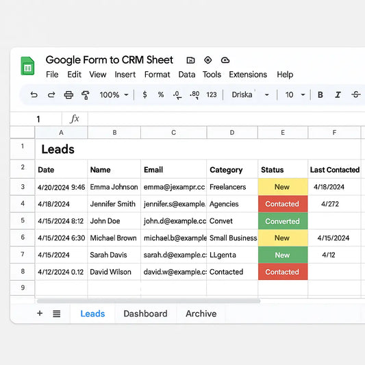Screenshot preview of Google Sheets CRM showing automated lead data synced from Google Form responses.